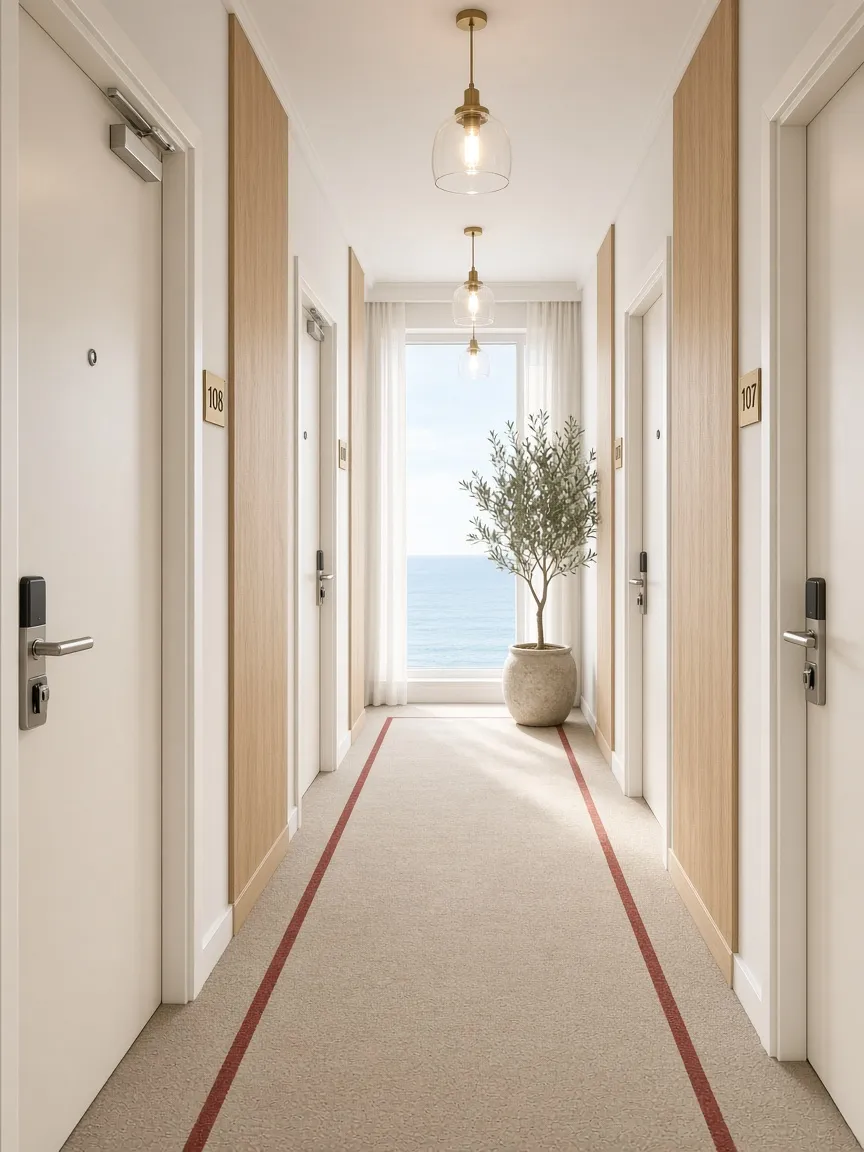 Deniz manzaralı resort otel koridorunda krem renkli çelik oda kapıları