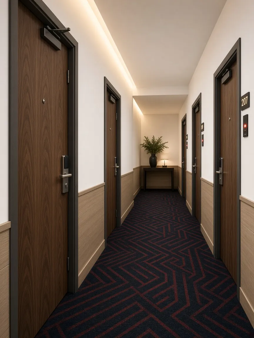 Butik otel koridorunda İtalyan ceviz renkli çelik oda kapıları