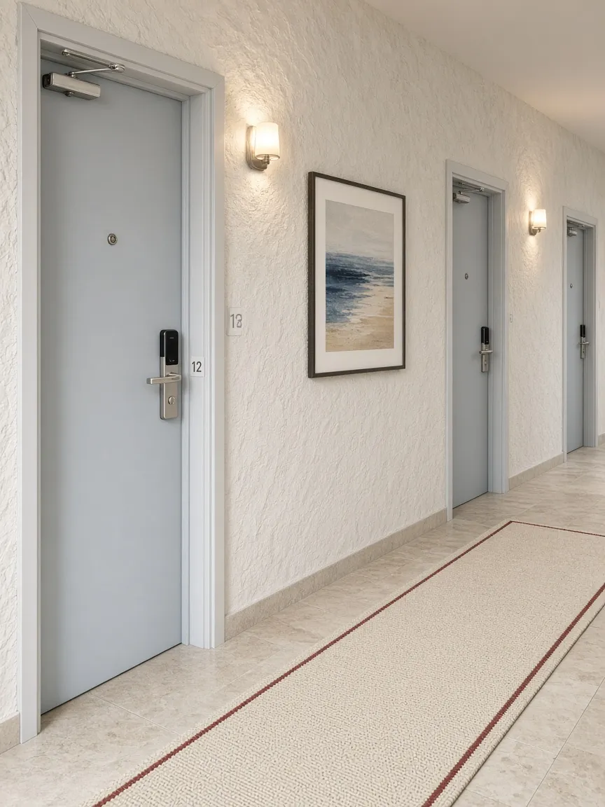Ege tarzı butik otel koridorunda İzlanda mavisi çelik oda kapıları
