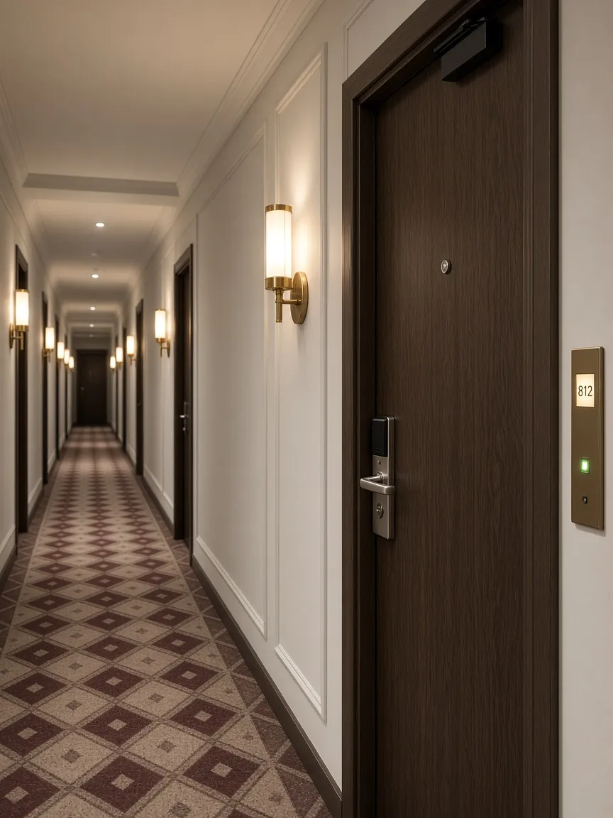 Otel koridorunda koyu meşe renkli çelik oda kapısı